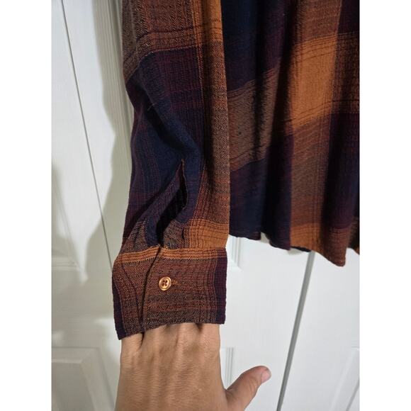 Maurices medium women's golden brown navy blue and orange button up flannel top - Picture 2 of 9